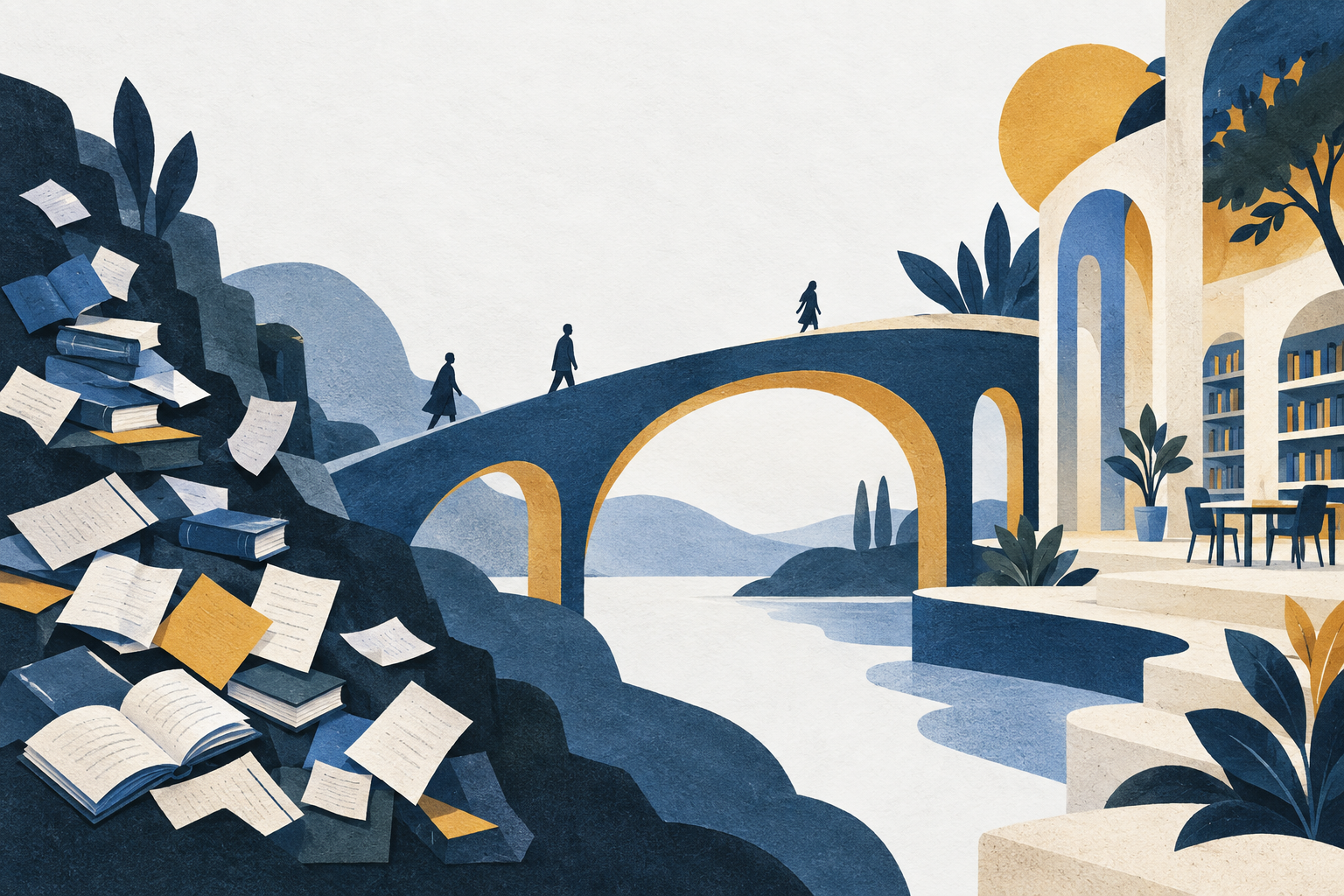An illustrated bridge connects scattered papers to an open library and learning space.